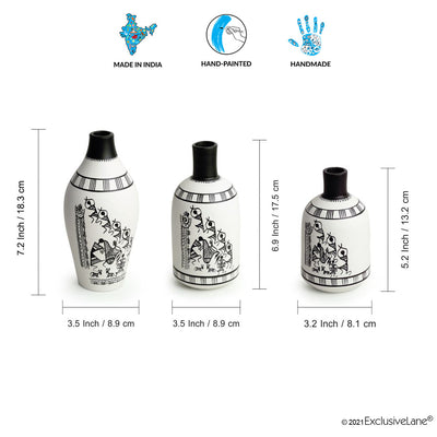 'The Warli Tales' Handpainted Terracotta Vases (Set of 3, White)