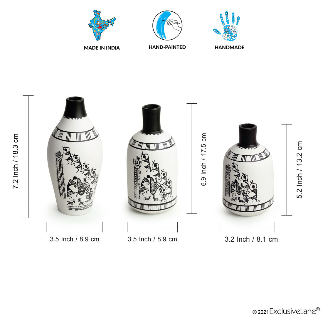 'The Warli Tales' Handpainted Terracotta Vases (Set of 3, White)