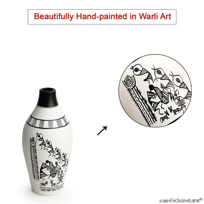 'The Warli Tales' Handpainted Terracotta Vases (Set of 3, White)