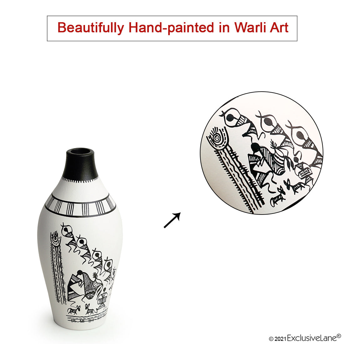 'The Warli Tales' Handpainted Terracotta Vases (Set of 3, White)