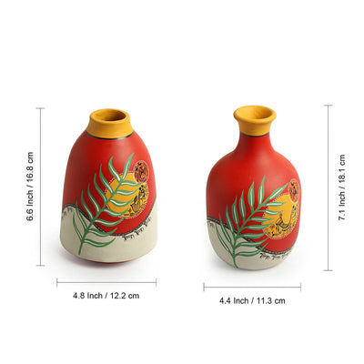 'Leafy Warli Tales' Hand-Painted Terracotta Vases (Set of 2, Red)