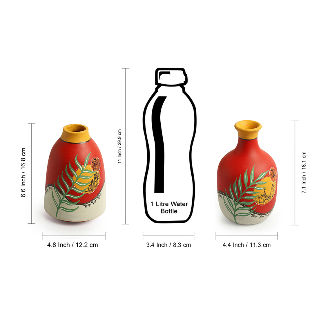 'Leafy Warli Tales' Hand-Painted Terracotta Vases (Set of 2, Red)