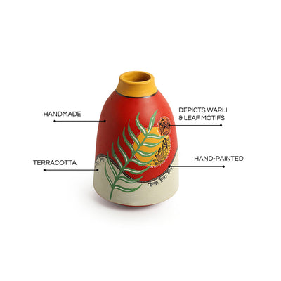 'Leafy Warli Tales' Hand-Painted Terracotta Vases (Set of 2, Red)