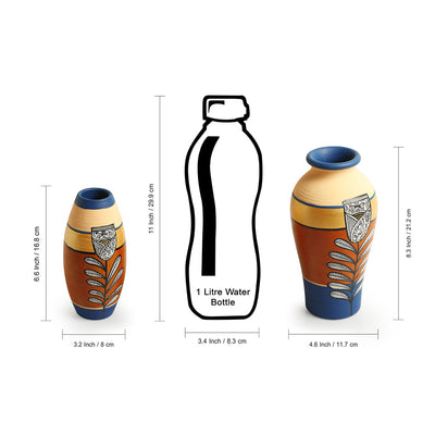 'Tulip Warli Tales' Hand-Painted Terracotta Vases (Set of 2, Brown & Blue)