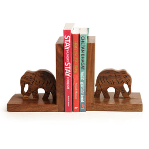 'Elephant' - Hand Carved & Engraved Sheesham Wood Bookend