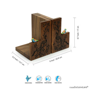 'Peacock Pair' Hand Carved Sheesham Wood Bookend