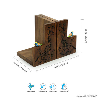 'Peacock Pair' Hand Carved Sheesham Wood Bookend