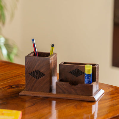 'Rhombus Rumbles' Hand-Carved Table Stationery Organiser In Sheesham Wood
