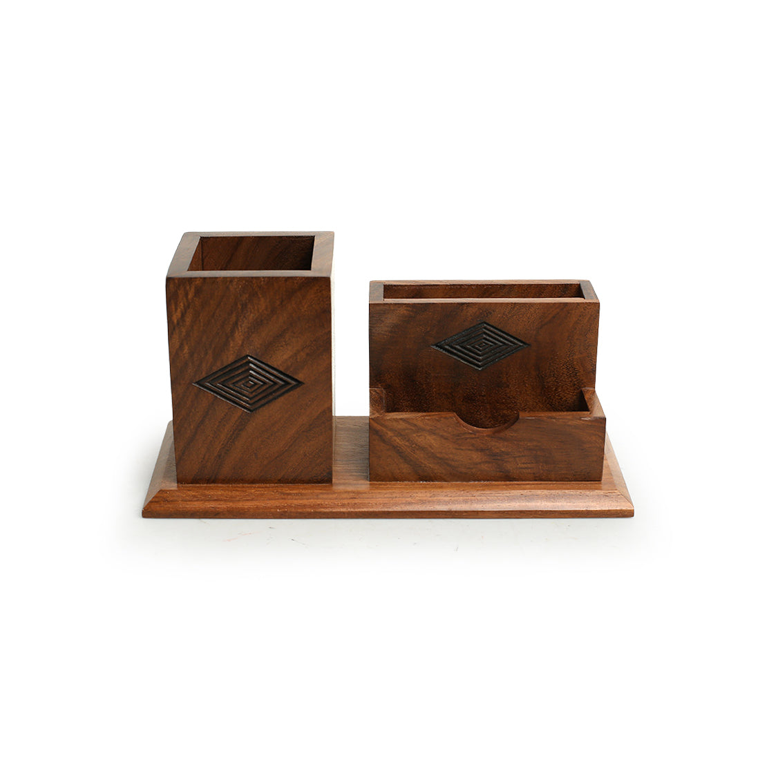 'Rhombus Rumbles' Hand-Carved Table Stationery Organiser In Sheesham Wood