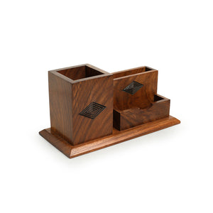 'Rhombus Rumbles' Hand-Carved Table Stationery Organiser In Sheesham Wood