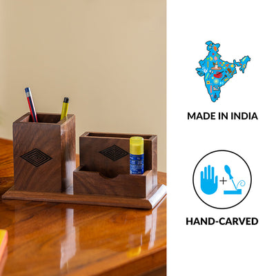 'Rhombus Rumbles' Hand-Carved Table Stationery Organiser In Sheesham Wood