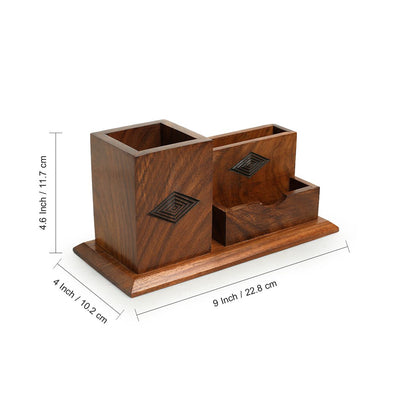 'Rhombus Rumbles' Hand-Carved Table Stationery Organiser In Sheesham Wood
