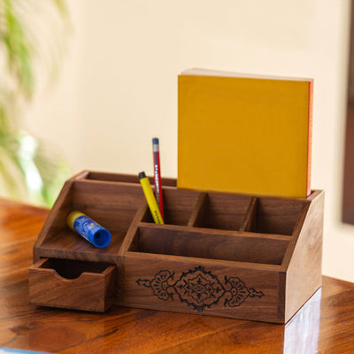 'Arabian Art' Hand-Carved Table Stationery Organiser In Sheesham Wood