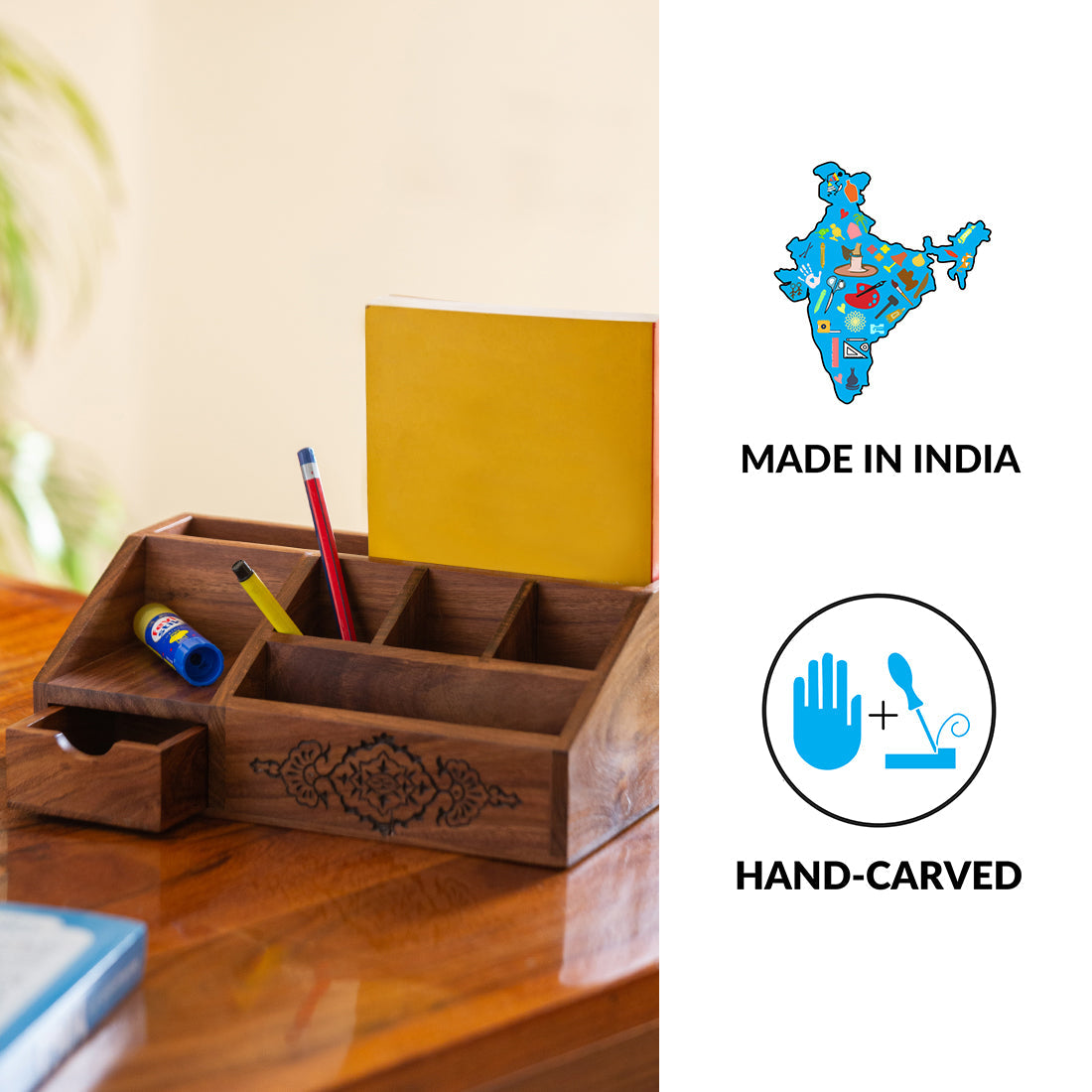 'Arabian Art' Hand-Carved Table Stationery Organiser In Sheesham Wood