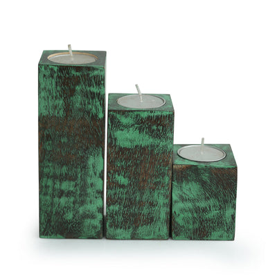 'Teal Blocks' Antique Finish Mango Wood Tea Light Holders (Set of 3)