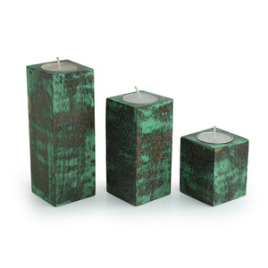 'Teal Blocks' Antique Finish Mango Wood Tea Light Holders (Set of 3)