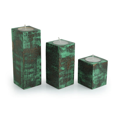 'Teal Blocks' Antique Finish Mango Wood Tea Light Holders (Set of 3)