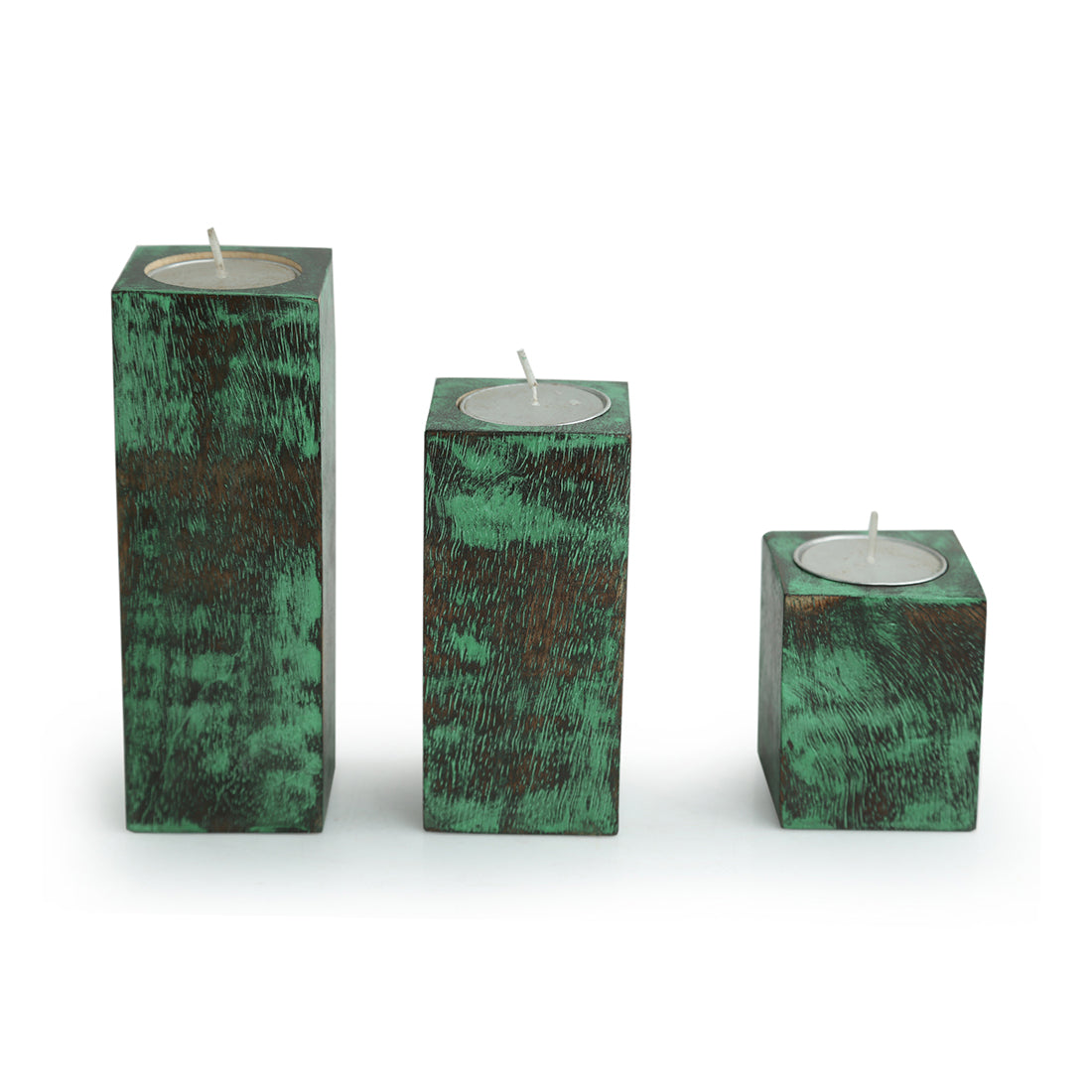 'Teal Blocks' Antique Finish Mango Wood Tea Light Holders (Set of 3)