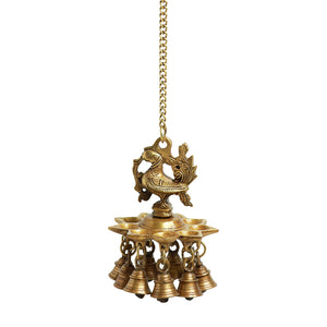 'Peacock Bliss' Hand-Etched Decorative Hanging Diya with Bell In Brass (9 Diyas & Bells)