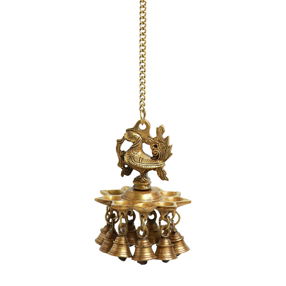 'Peacock Bliss' Hand-Etched Decorative Hanging Diya with Bell In Brass (9 Diyas & Bells)