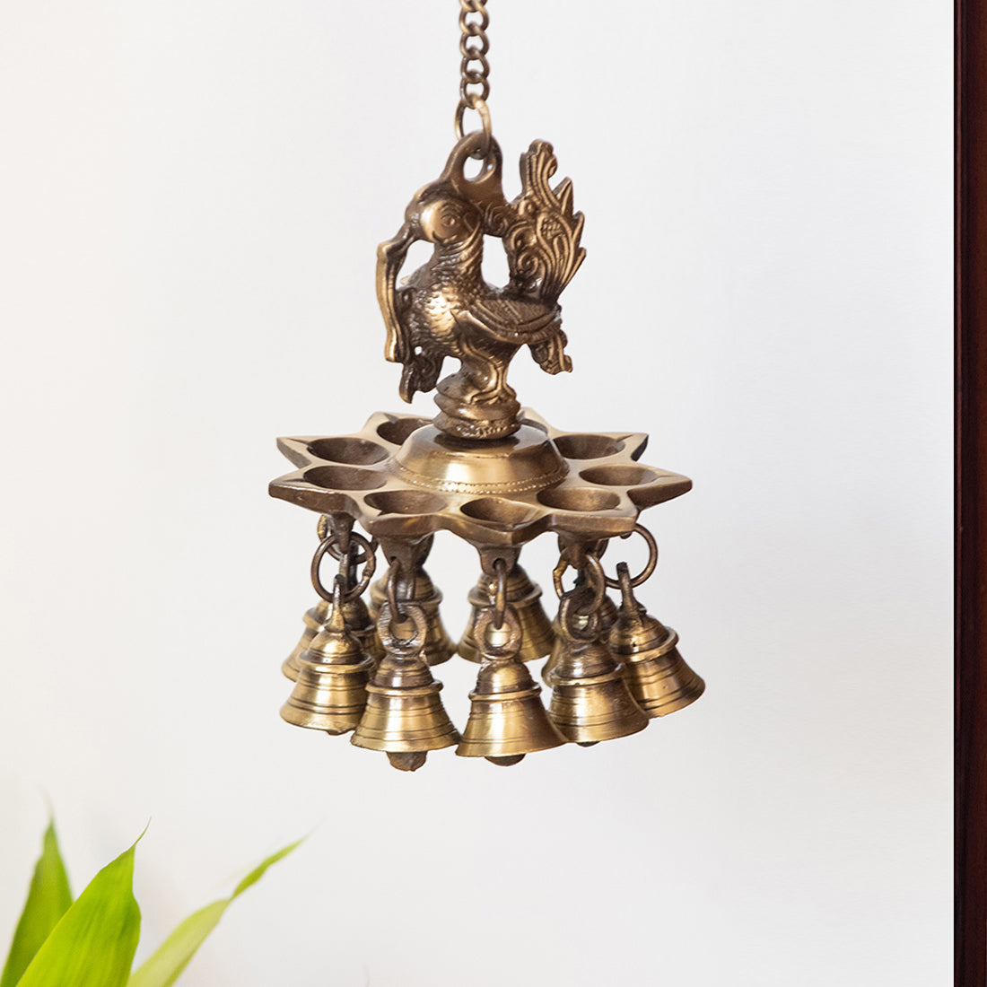 'Paradise Peacock' Hand-Etched Decorative Hanging Diya with Bell In Brass (9 Diyas & Bells)