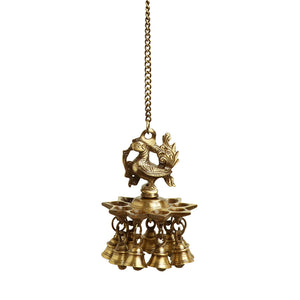'Paradise Peacock' Hand-Etched Decorative Hanging Diya with Bell In Brass (9 Diyas & Bells)