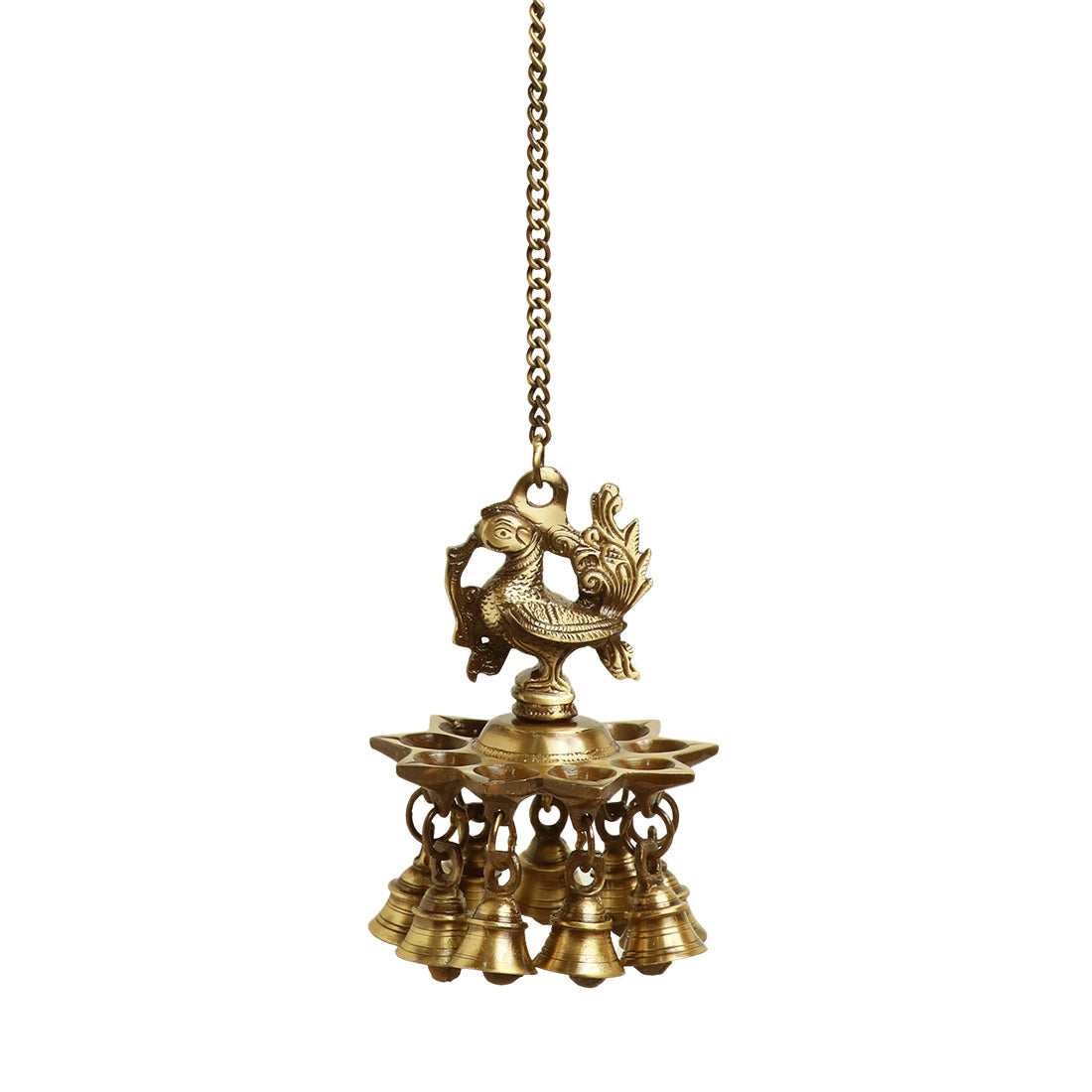 'Paradise Peacock' Hand-Etched Decorative Hanging Diya with Bell In Brass (9 Diyas & Bells)
