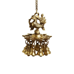 'Paradise Peacock' Hand-Etched Decorative Hanging Diya with Bell In Brass (9 Diyas & Bells)