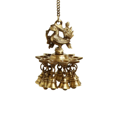 'Paradise Peacock' Hand-Etched Decorative Hanging Diya with Bell In Brass (9 Diyas & Bells)