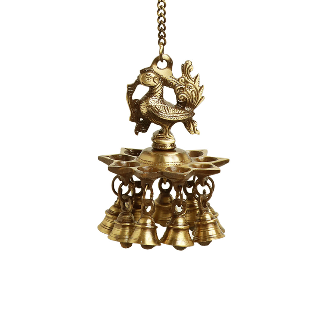'Paradise Peacock' Hand-Etched Decorative Hanging Diya with Bell In Brass (9 Diyas & Bells)