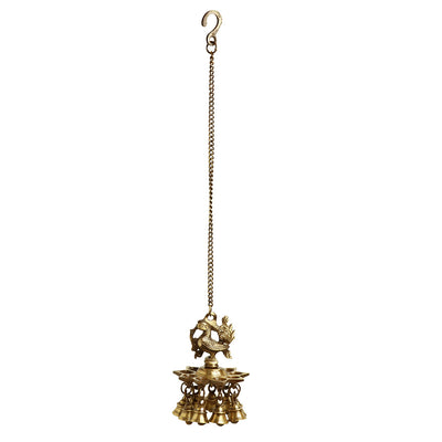 'Paradise Peacock' Hand-Etched Decorative Hanging Diya with Bell In Brass (9 Diyas & Bells)