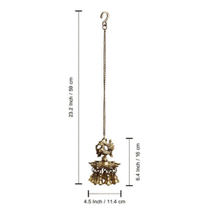 'Paradise Peacock' Hand-Etched Decorative Hanging Diya with Bell In Brass (9 Diyas & Bells)