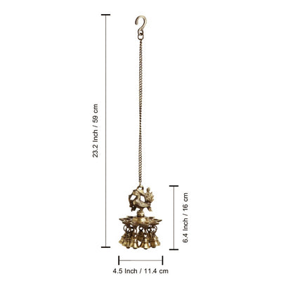 'Paradise Peacock' Hand-Etched Decorative Hanging Diya with Bell In Brass (9 Diyas & Bells)