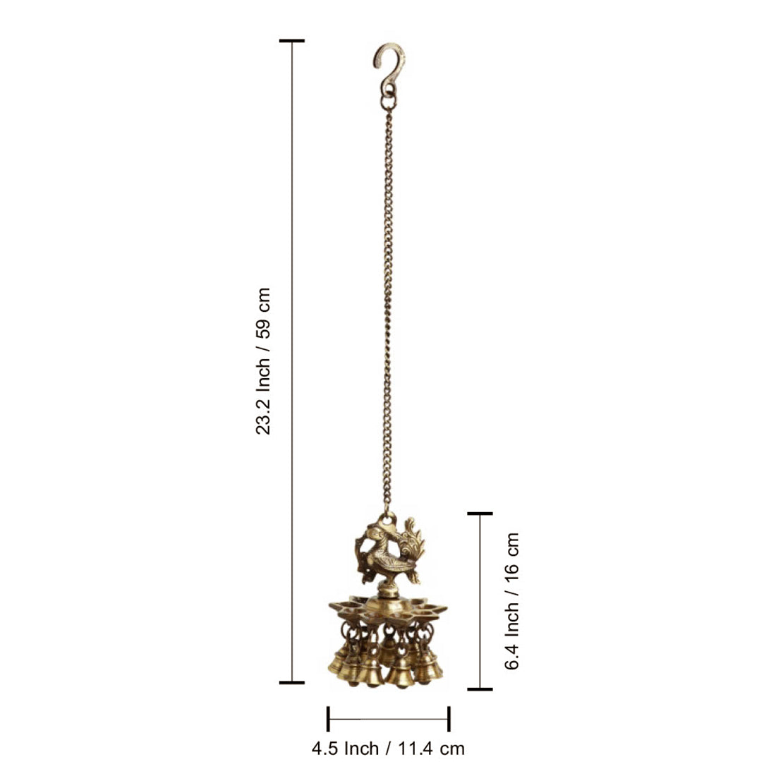 'Paradise Peacock' Hand-Etched Decorative Hanging Diya with Bell In Brass (9 Diyas & Bells)
