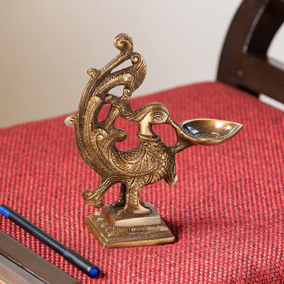 'Princely Peacock'  Hand-Etched Carved Diya In Brass
