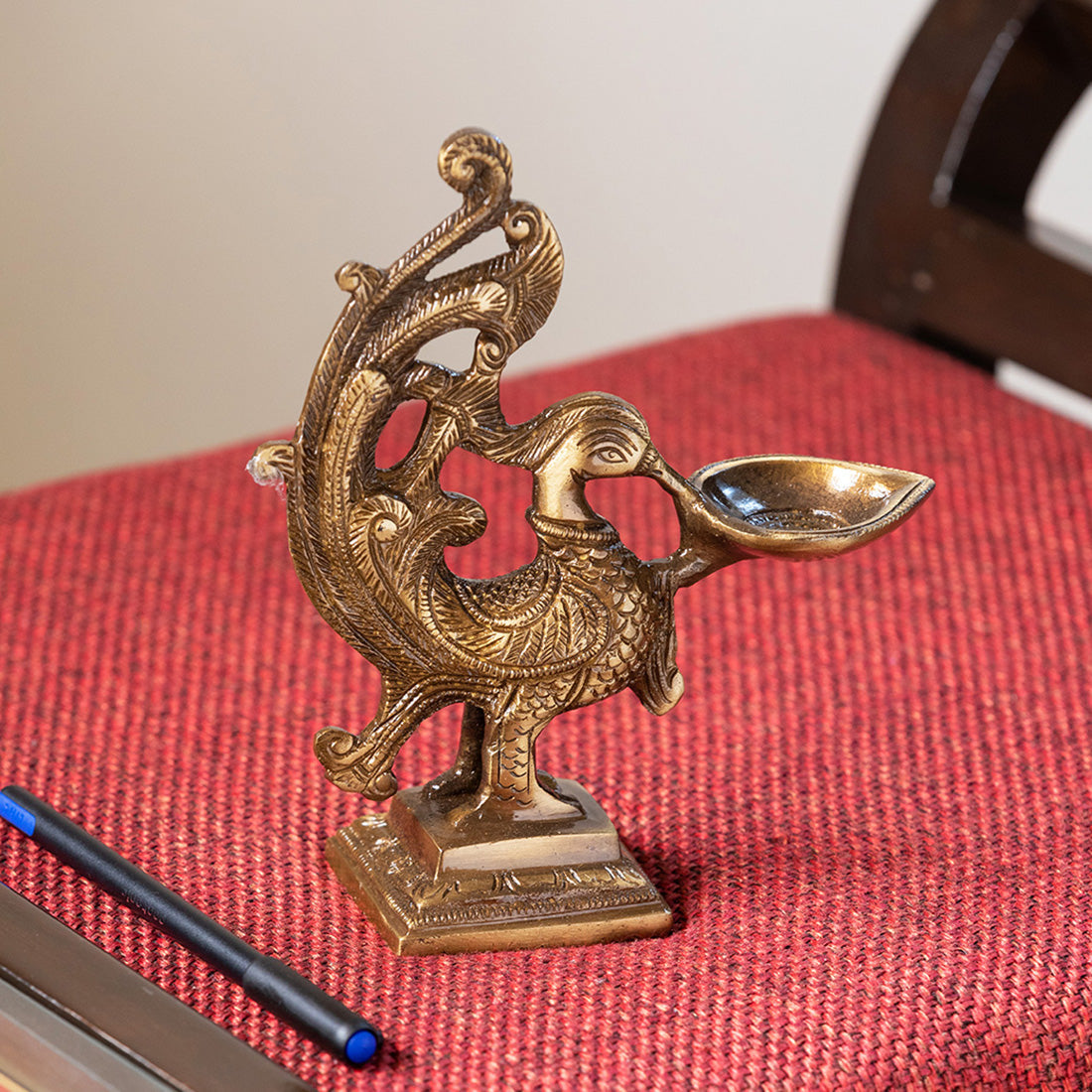 'Princely Peacock'  Hand-Etched Carved Diya In Brass