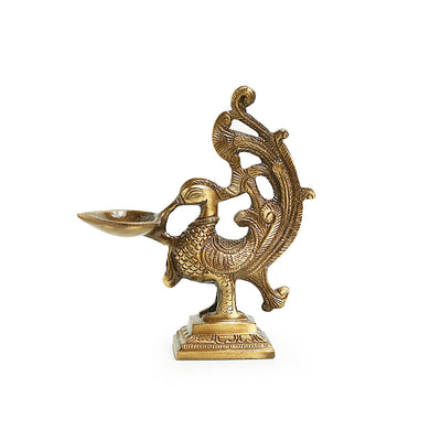 'Princely Peacock'  Hand-Etched Carved Diya In Brass