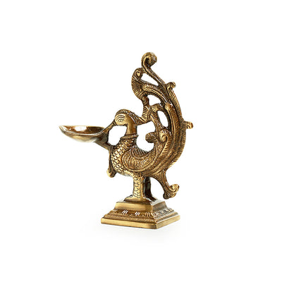 'Princely Peacock'  Hand-Etched Carved Diya In Brass