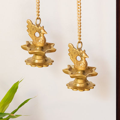'Flying Swans' Hand-Etched Decorative Hanging Diya Set In Brass (7 Wicks)