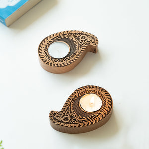 'Jugnu Paisley Booti' Wooden Tea Light Holder (Set of 2)