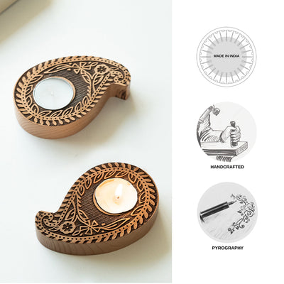 'Jugnu Paisley Booti' Wooden Tea Light Holder (Set of 2)