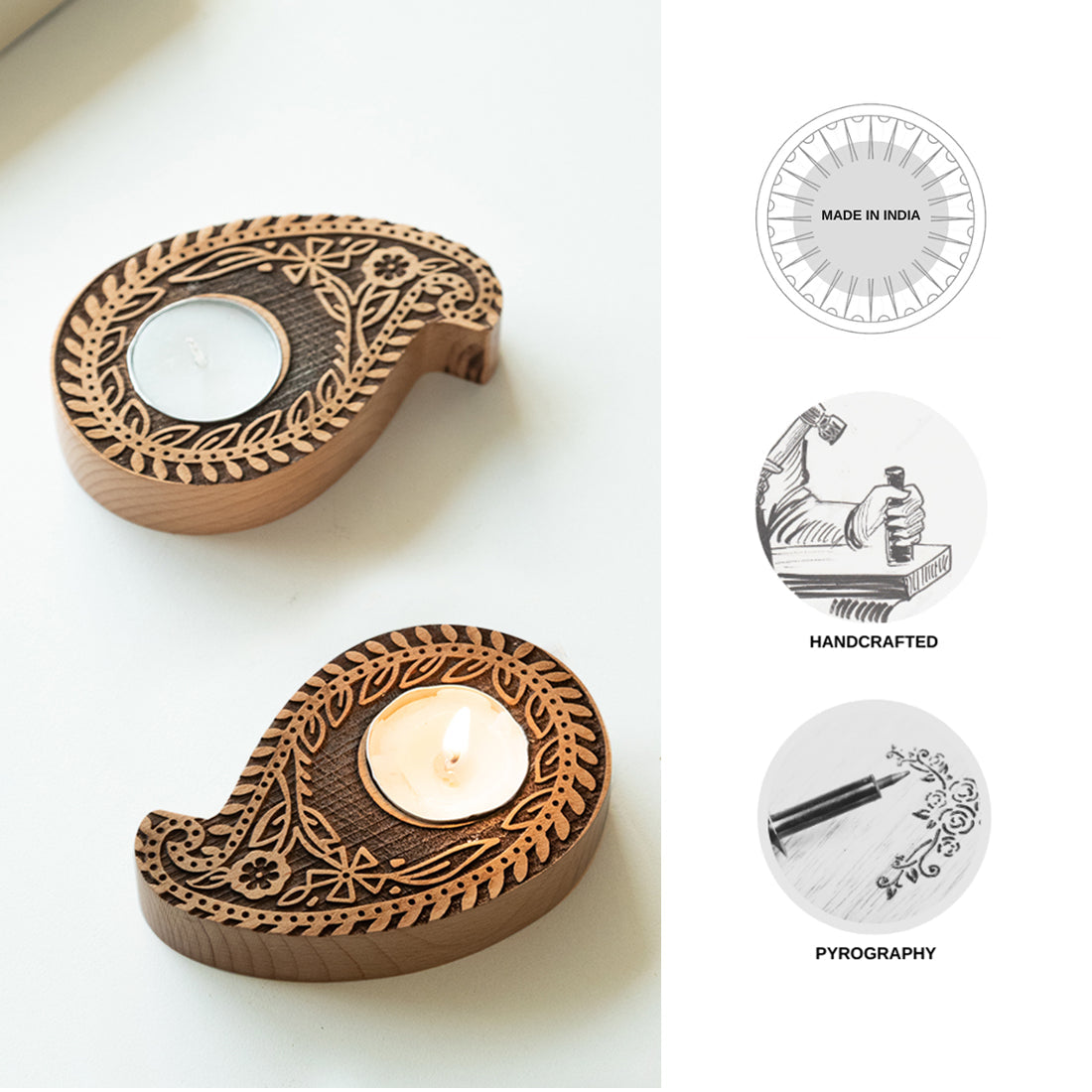 'Jugnu Paisley Booti' Wooden Tea Light Holder (Set of 2)
