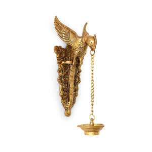 'Golden Parrot' Decorative Wall Hanging Brass Diya (5 Wicks, 1.5 Kg, Hand-Etched)