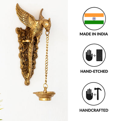 'Golden Parrot' Decorative Wall Hanging Brass Diya (5 Wicks, 1.5 Kg, Hand-Etched)
