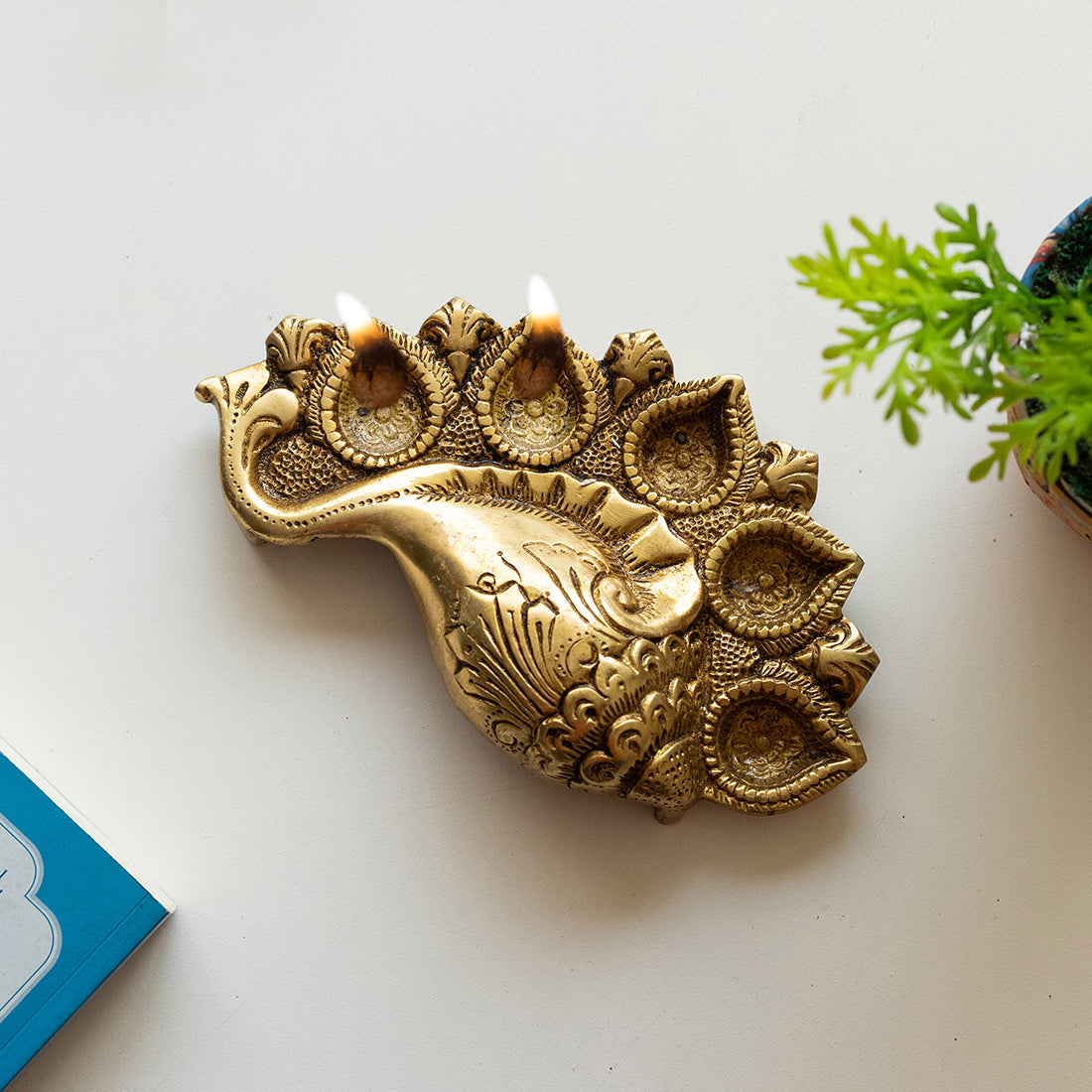 'Shankh' Brass Diya In Brass (5 Wicks, 0.7 Kg, Hand-Etched)