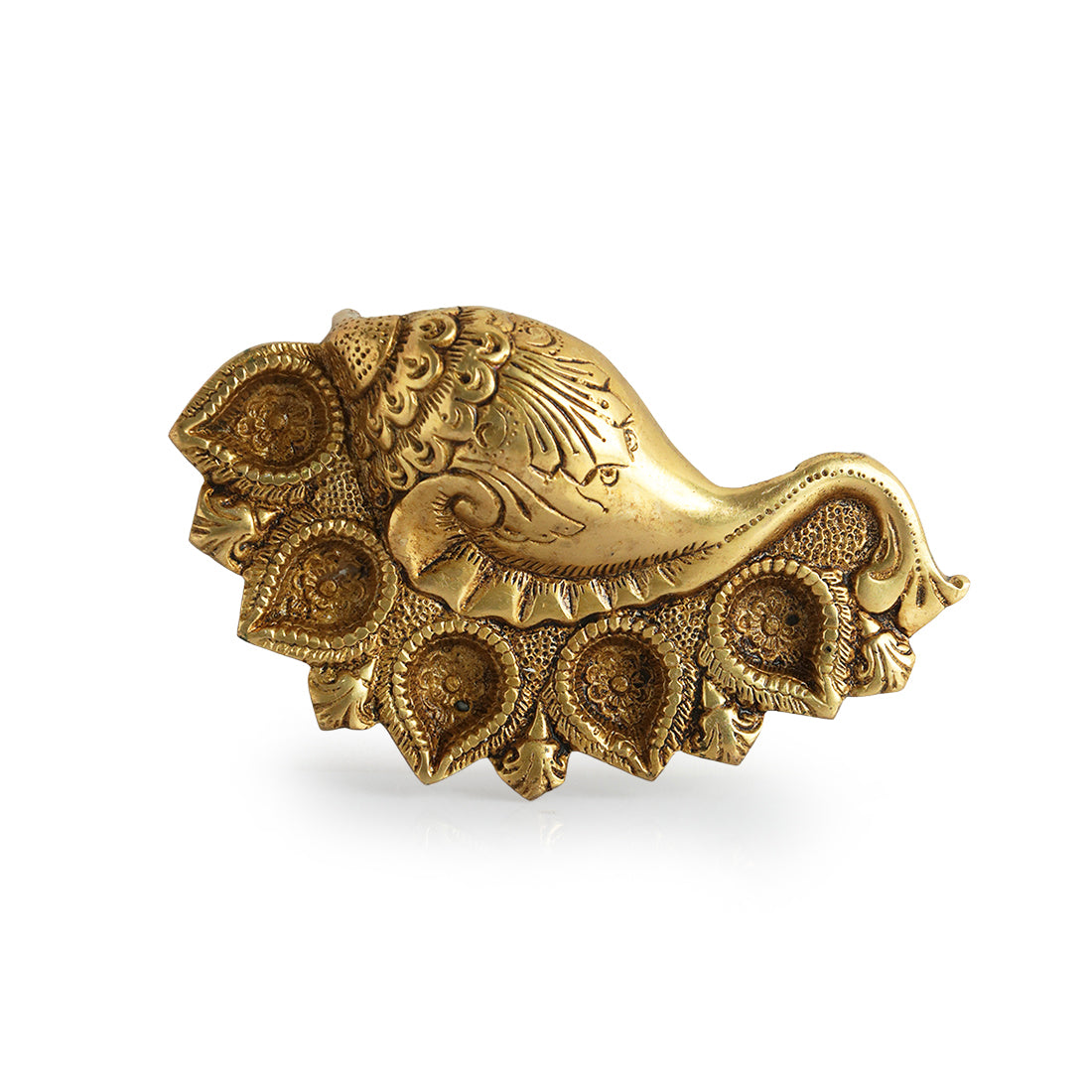 'Shankh' Brass Diya In Brass (5 Wicks, 0.7 Kg, Hand-Etched)