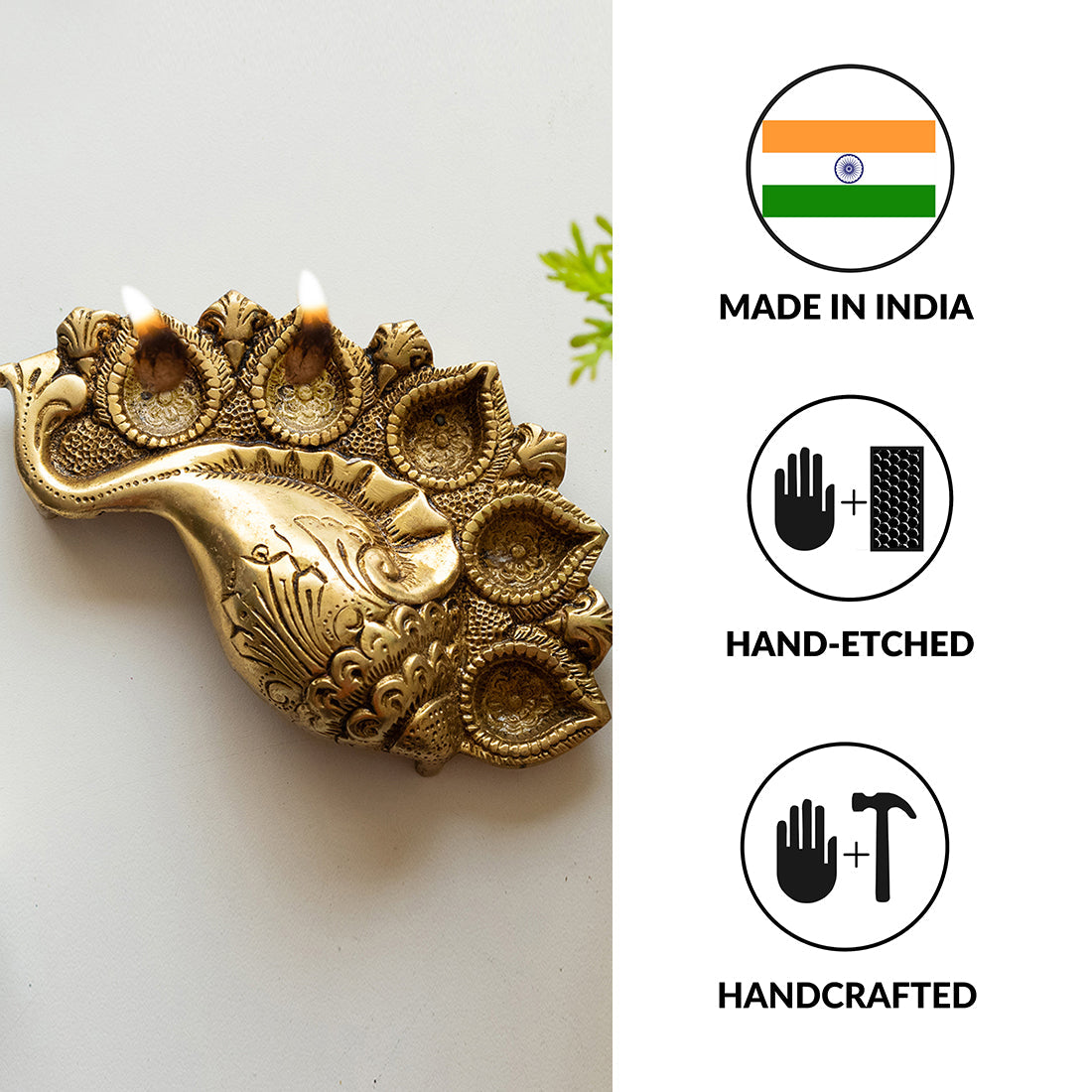 'Shankh' Brass Diya In Brass (5 Wicks, 0.7 Kg, Hand-Etched)