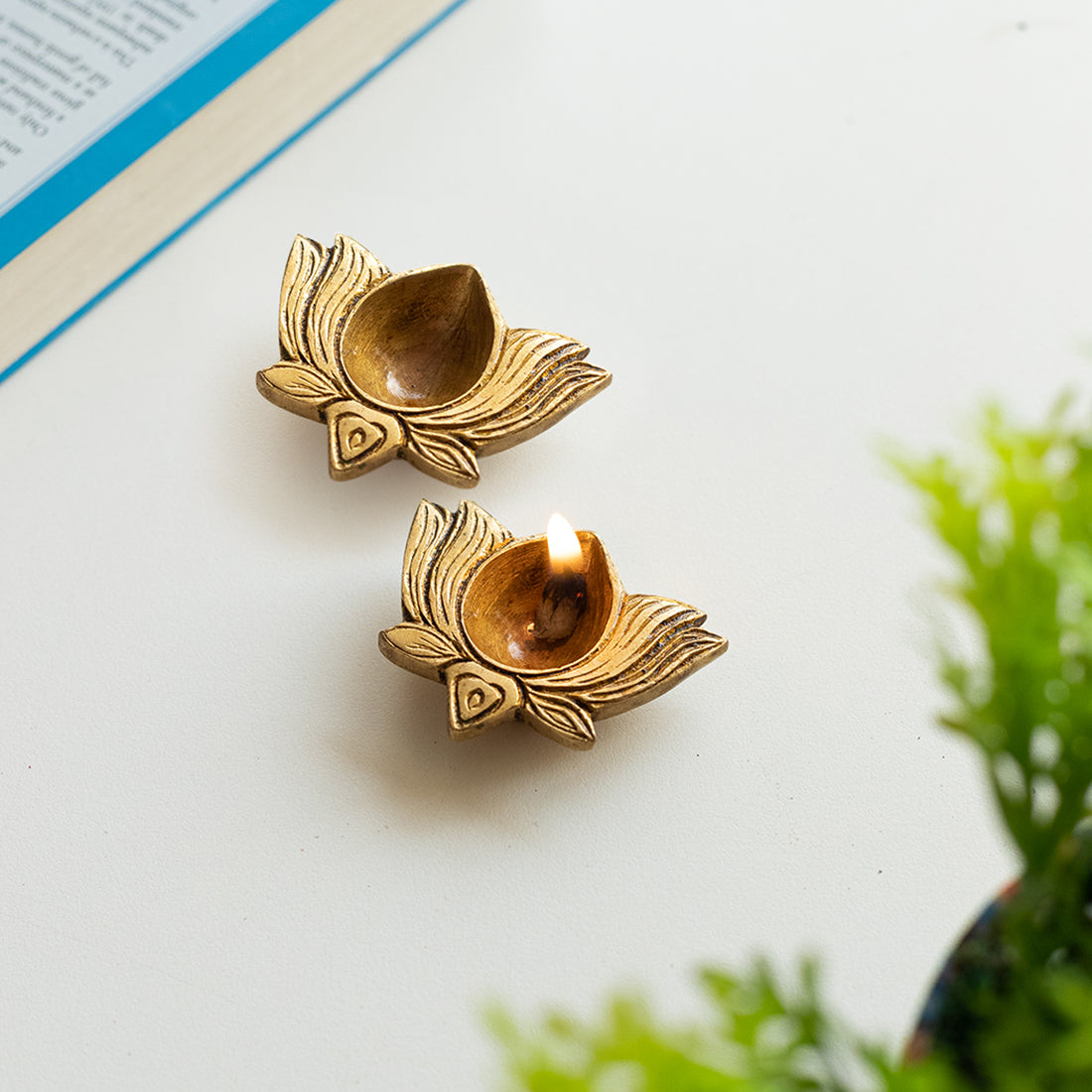 'Lotus Shaped' Hand-Carved Brass Diya (Hand-Etched, 0.2 Kg)