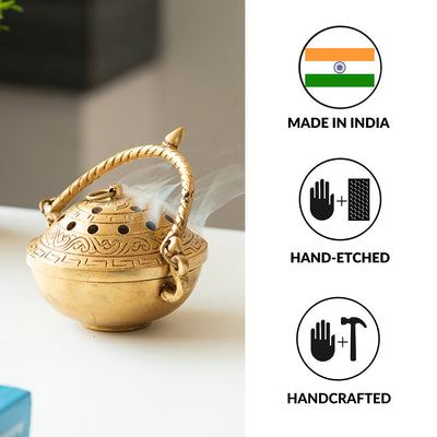 'Inaayat' Dhoop Dani Brass Incense Burner (Hand-Etched, 4 Inch, 0.6 Kg)