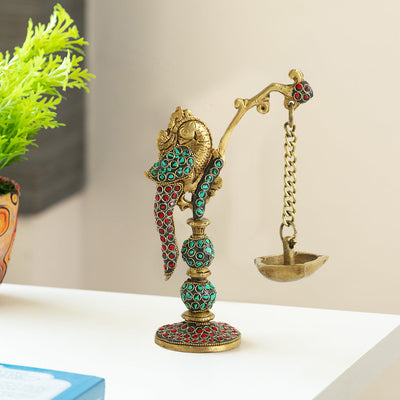 'Parrot' Decorative Table Hanging Brass Diya (5 Wicks, 0.6 Kg, Hand-Etched)